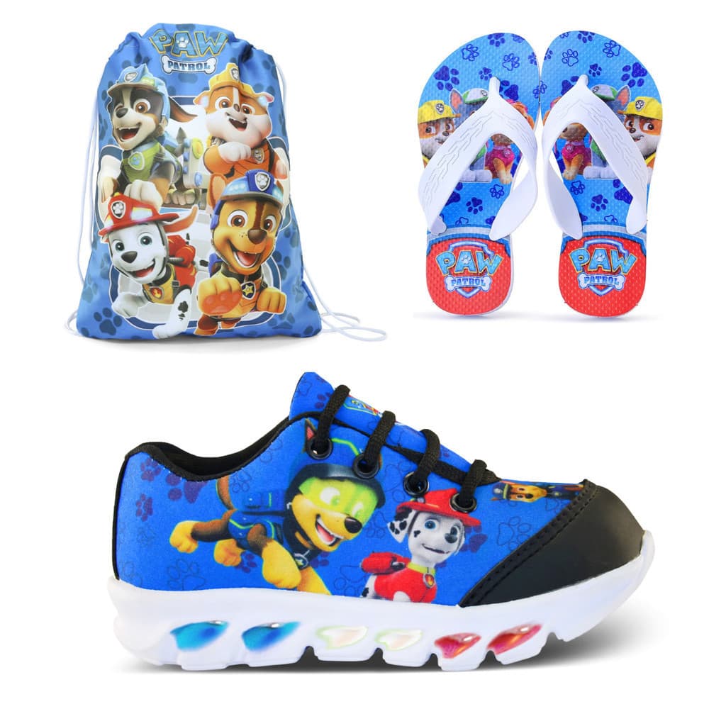 Kit Infantil Tênis de Led Patrulha com Mochila e Chinelo para Diversão Escolar