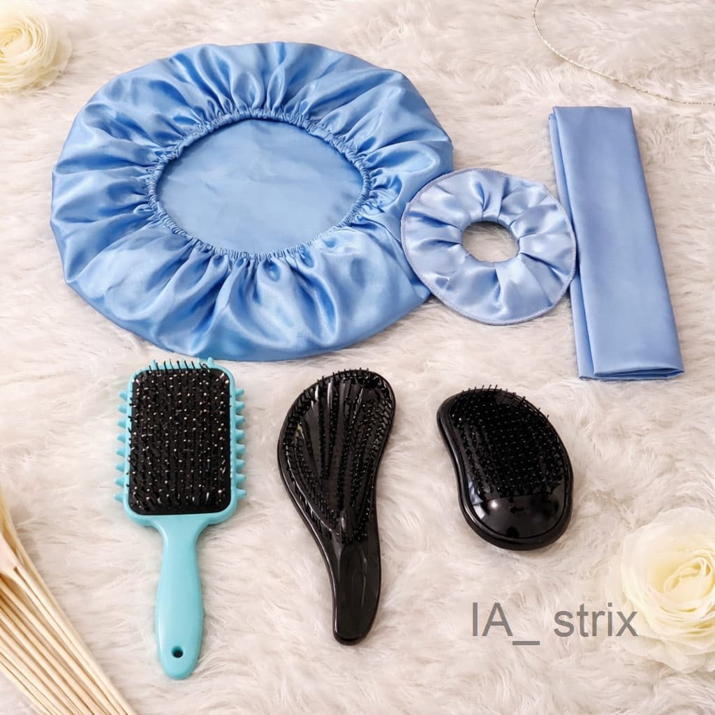 Kit Capilar Feminino 6 Peças - Touca de Cetim, Xuxinha, Faixa, Escova de Fitagem, Escova Mágica e Escova BolinhaFAMB