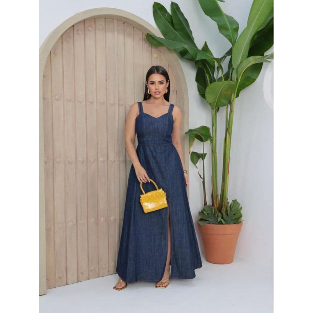 Vestido Jeans Elegante Feminina Longa Lançamento Com Abertura Na Frente E Látex Na Costa