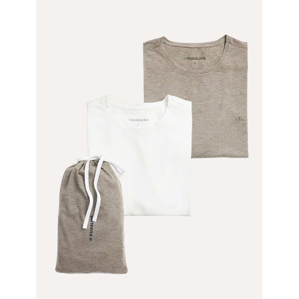 Kit Camisetas Dudalina Original Malha Cáqui Escuro Listrado e Branco