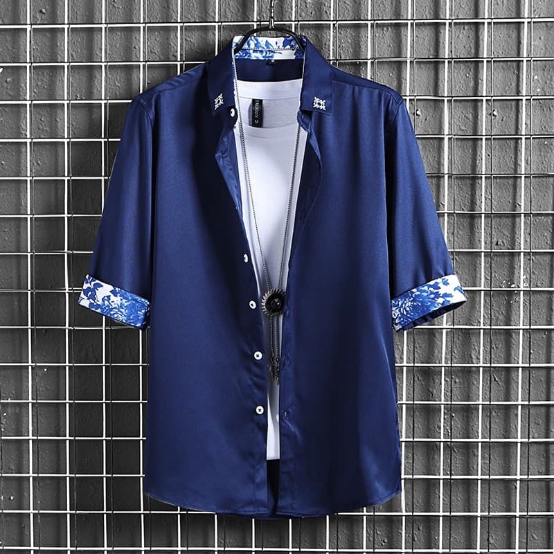 Camisa masculina de manga três quartos, versão coreana, bonito, verão, estilista de cabelo, cor sólida, tendência Casual