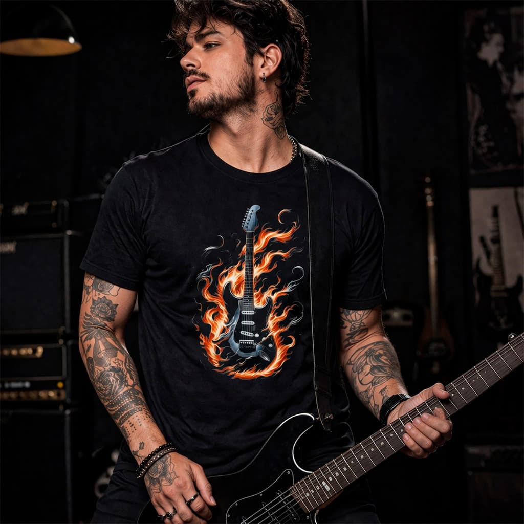 Camiseta Básica Algodão Camisa Guitarra Em Chamas