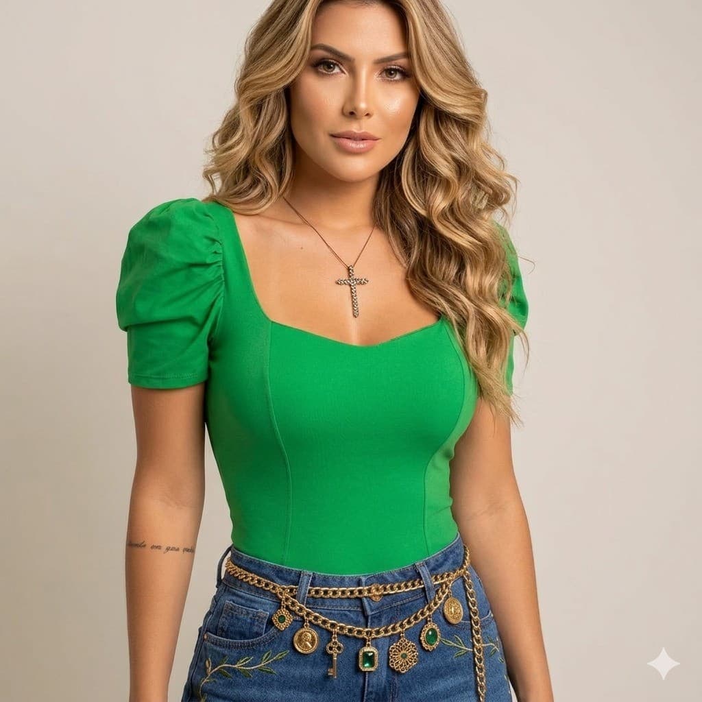 body feminino suplex verde bandeira manga curta princesa top