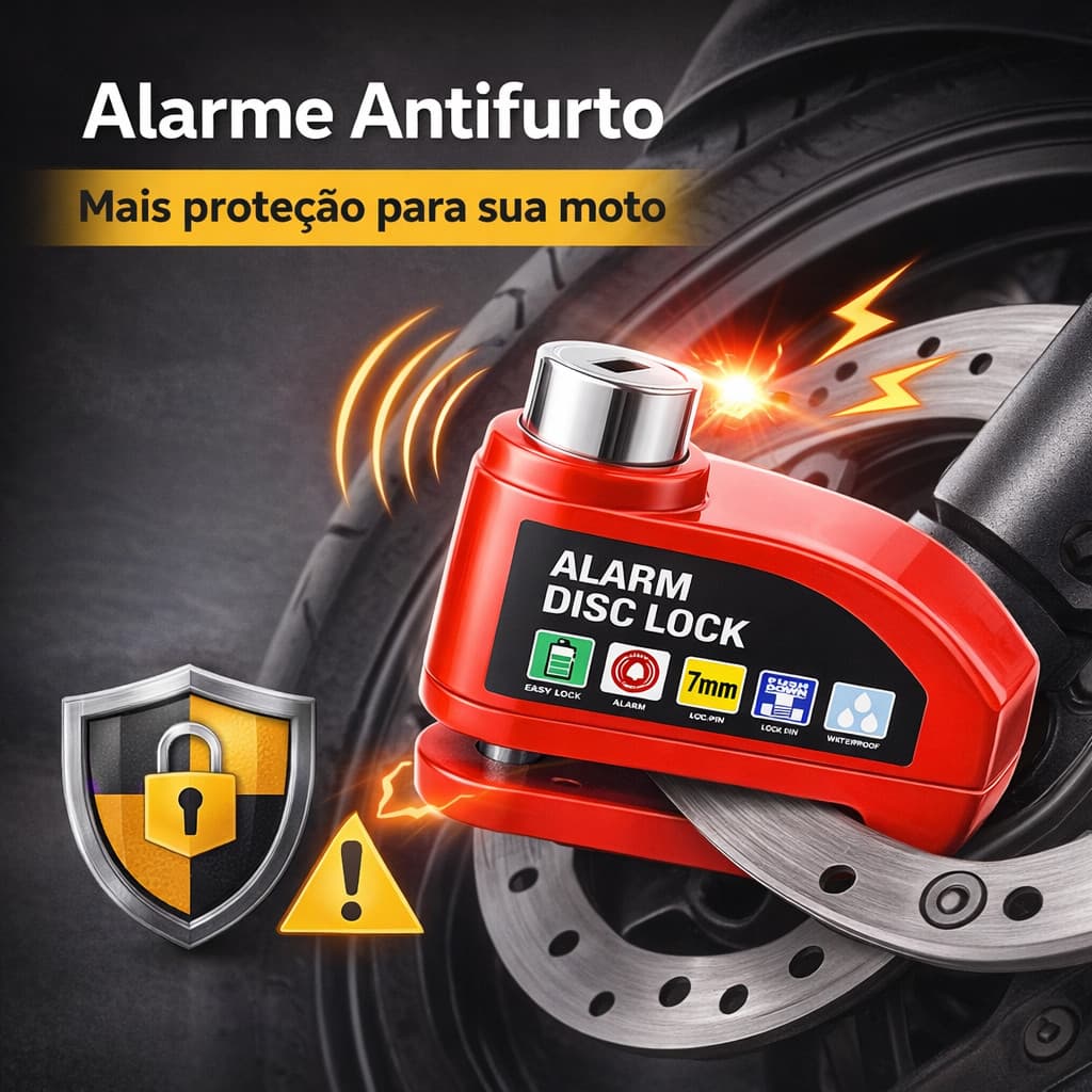 Trava de Disco para Moto com Alarme Sonoro Antifurto Cadeado de Freio Alta Segurança