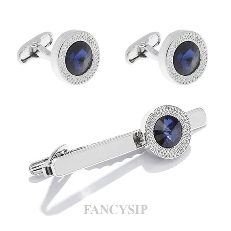 3 Pçs Moda Azul Cristal Zircão Abotoaduras E Clipe De Gravata Conjunto Para Negócios Masculinos Punho Francês Unhas , Pr