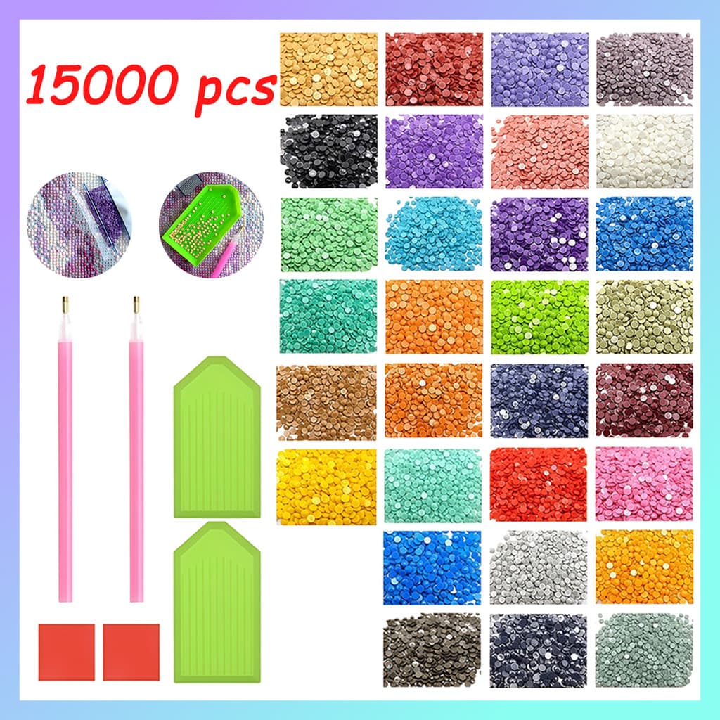 30 cores, 15000 Peças, contas acrílicas de pintura de diamante, strass redondo de fundo plano para artesanato DIY 5D