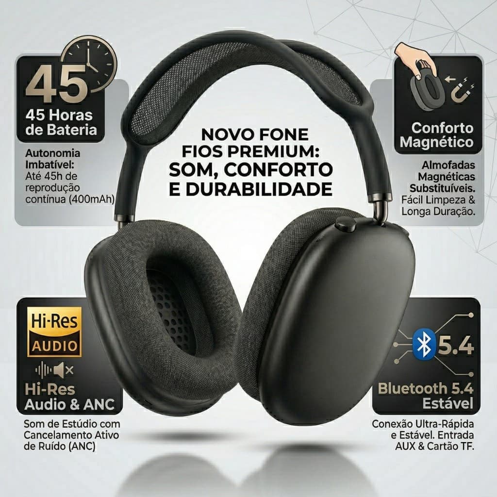 Fone Bluetooth Original Peining PEI-P10 MAX ANC 45h Bateria Som Hi-Res