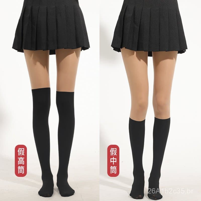 Meia-calça preta para mulheres, meias falsas até a panturrilha estilo JK para primavera e outono, meias pretas, meias pr