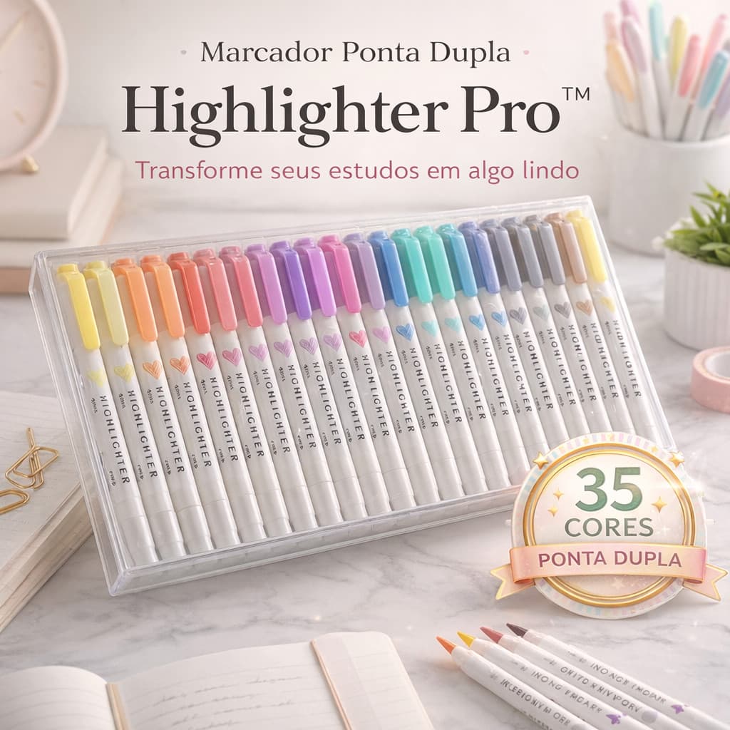 Kit Com Até 35 Cores Marca Texto Pastel Ponta Dupla Highlighter Pro Caneta Estudo Fofo Mildliner