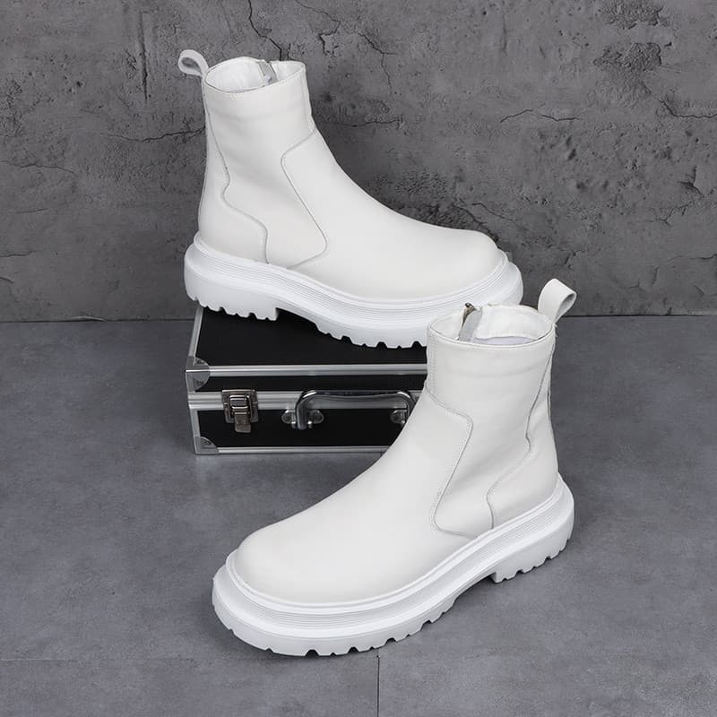 Botas Martin brancas masculinas, botas curtas de couro genuíno de alta qualidade, estilo britânico, aumento interno, zíp