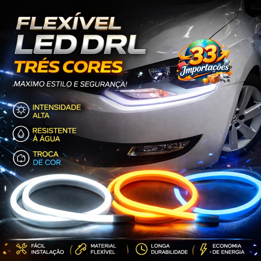 Kit 2 Fita LED DRL Flexível 60cm Farol Seta Sequencial 3000K e Luz Azul Diurna Automotiva Universal Premium