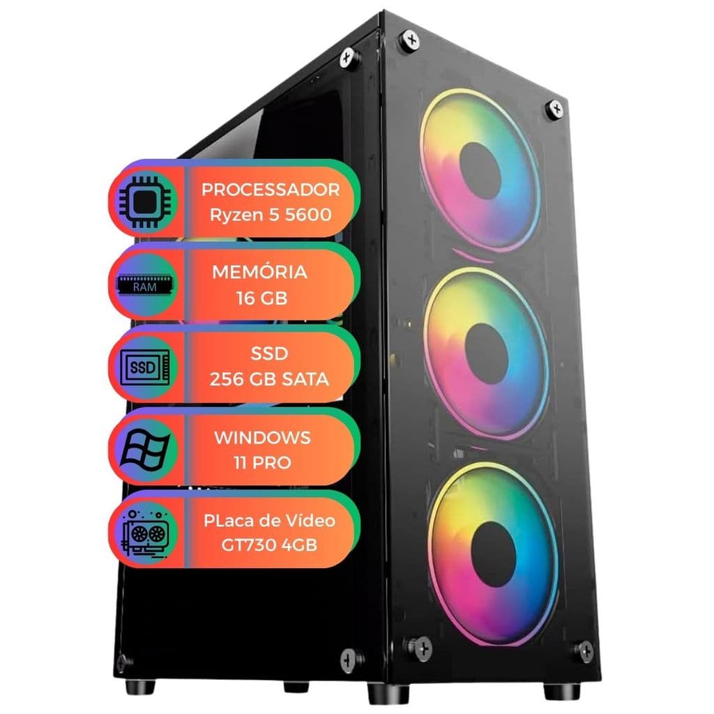 Computador Gamer R5 5600 Com Placa de Vídeo GT730 4GB 16GB RAM 256GB SSD Windows 11