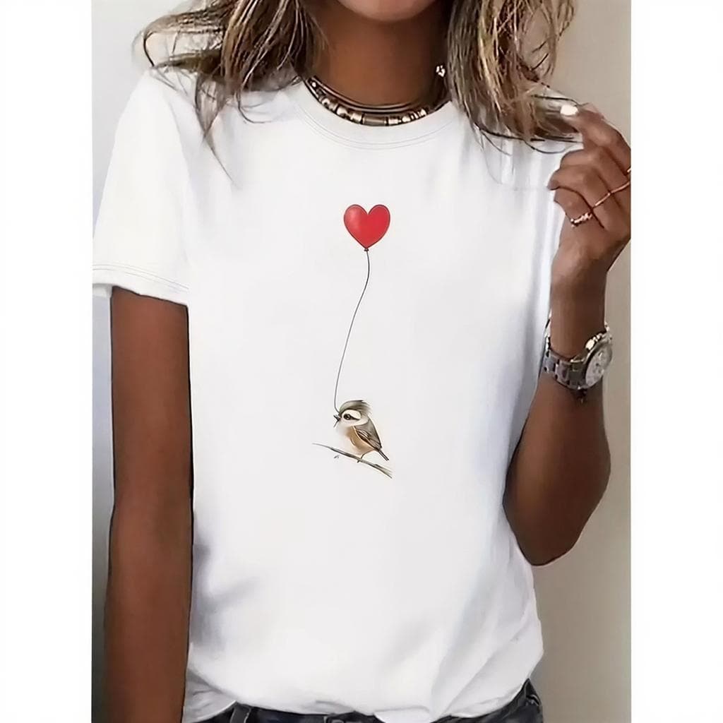 Camiseta Casual Feminina de Estampa Pássaro Balão Coração Tecido Leve 100% algodão