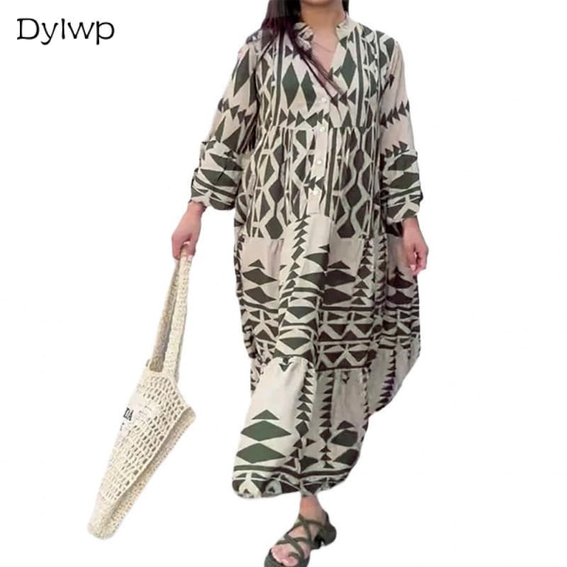 Vestido Feminino Camisa De Manga Comprida Outono Casual Estampado Maxi Trespassado *-&