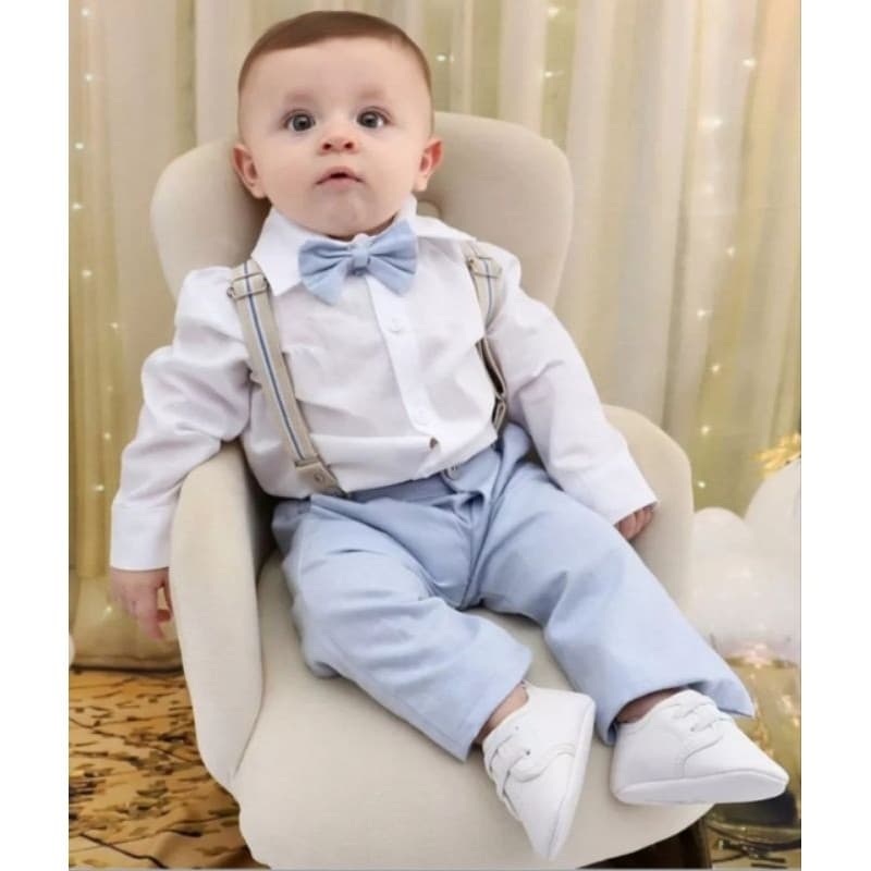 Conjunto De Bebê Social Batizado Suspensório Gravata Azul