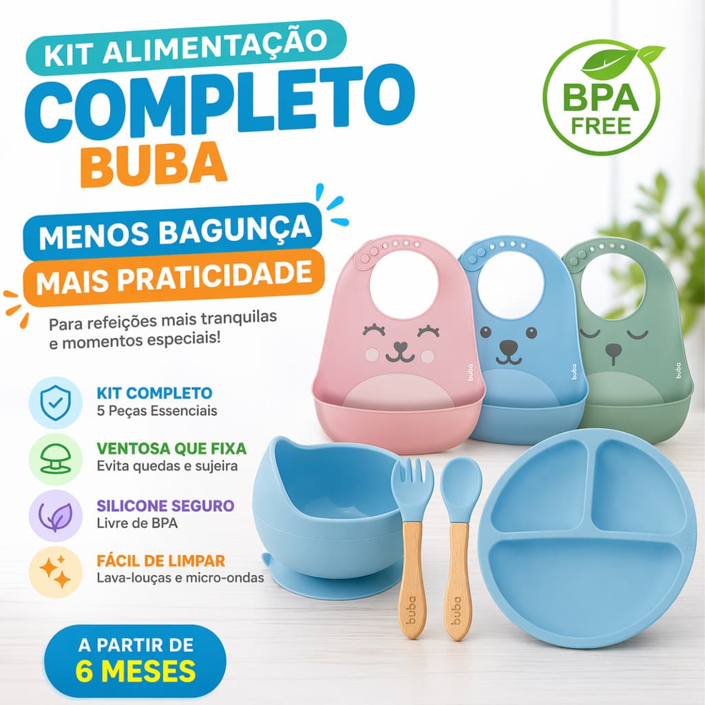 Kit Alimentação Bebê em Silicone Buba 5 Peças Bowl Talher Babador Prato com Ventosa