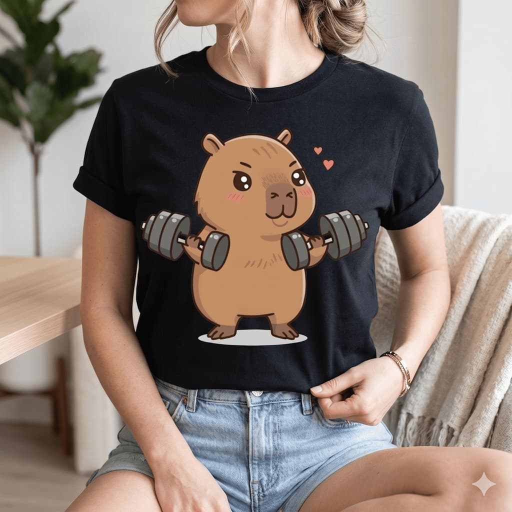 Camiseta Feminina Preta Capivara Fofa Estampada T-Shirt 100% Algodão Casual Moda Blogueira Academia Treino
