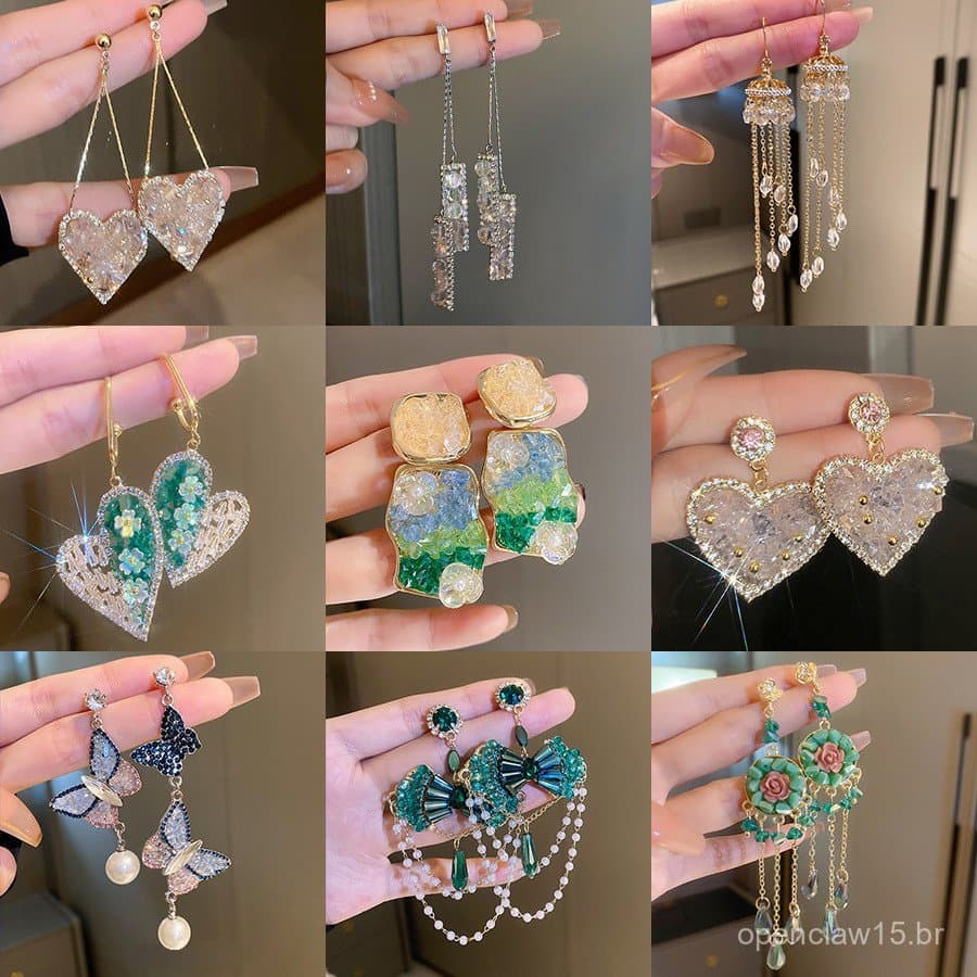 Brincos de agulha de prata com diamantes, pérolas artificiais e cristais, design floral, estilo exagerado europeu e amer