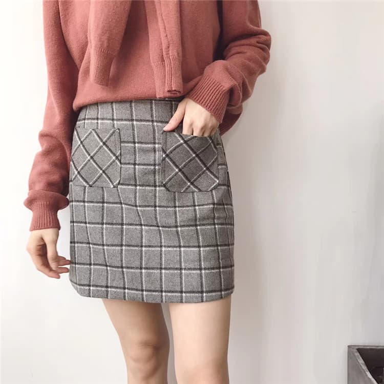 JUZ outono inverno novo estilo roupas femininas xadrez cintura alta a linha saia meio comprimento All-Match lã curto S