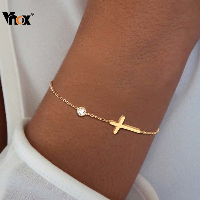 Pulseira de corrente com cruz de diamante Vnox com pedra de nascimento, adequada para mulheres e meninas, feita de aço i