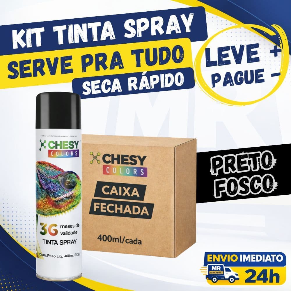 Kit Tinta Spray Uso Geral Preto Fosco 400ml Madeira Metal Plástico Seca Rápido