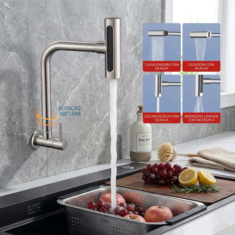 Torneira Gourmet Cozinha Parede Prata Inox 304 360° 4 Modos de Jato