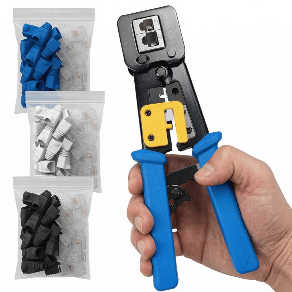 Kit Alicate Crimpar RJ45 Profissional + 100 Conectores Vazados Cat5e Cat6 + Capinha Proteção Rede