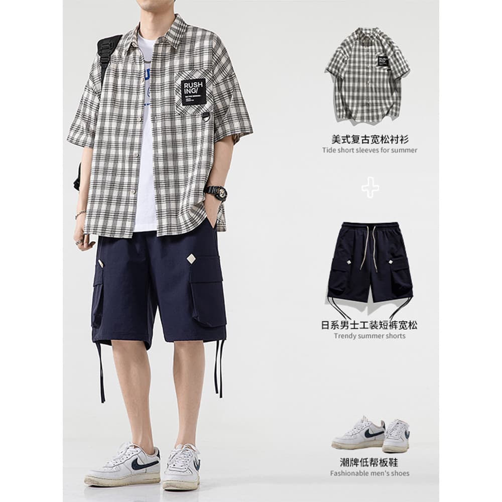 Camisa xadrez de manga curta masculina verão 2026 novo estilo Casual terno esportivo masculino usar um conjunto bonito j