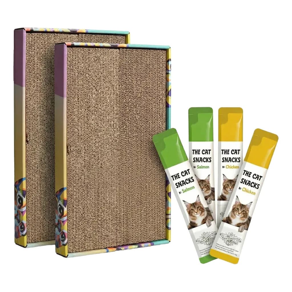 Kit Arranhador Gato Papelão Diversão 2 Peças + 3 Petiscos