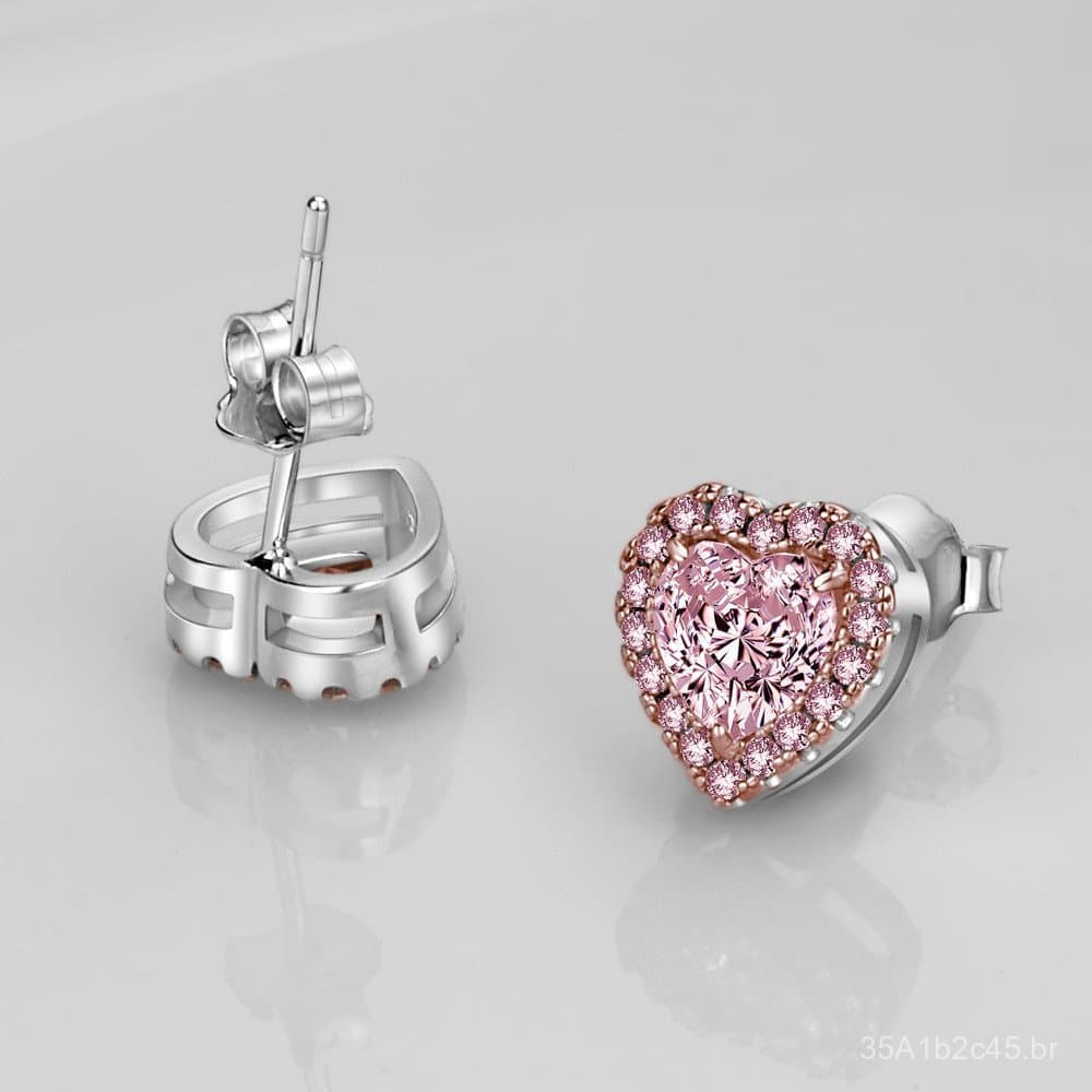 ED073 Brincos de Diamante Rosa em Forma de Coração com Zircônia Incrustada para Mulheres, Pinos de Ouro 925, Brincos de