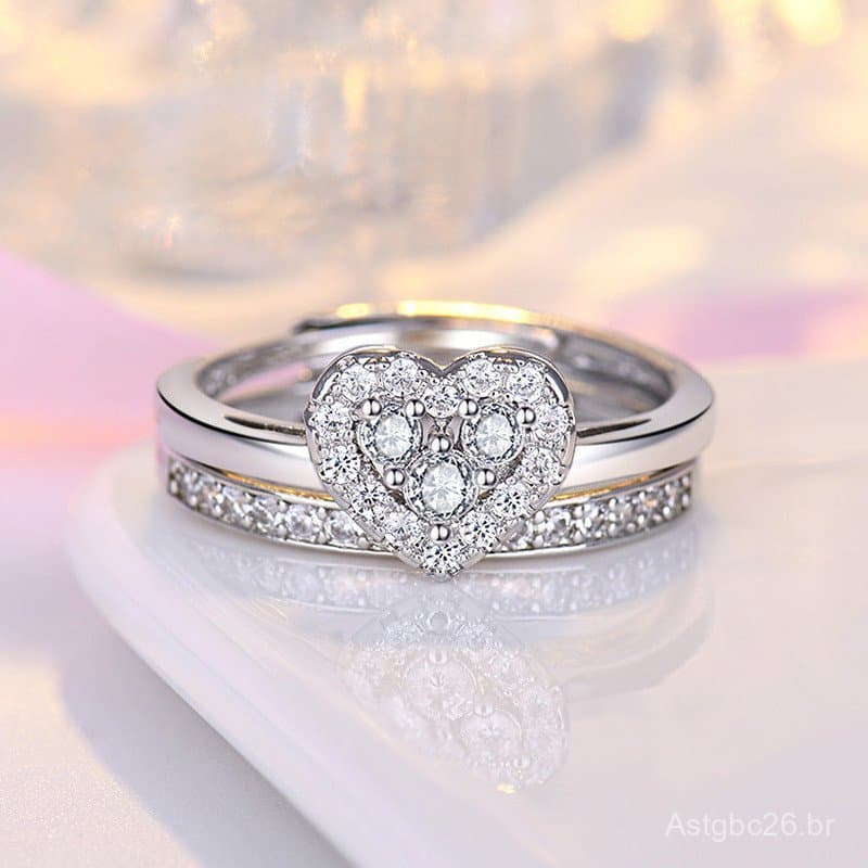 Anel feminino em formato de coração dois em um, um conjunto de duas peças em estilo japonês e coreano, anel de diamante