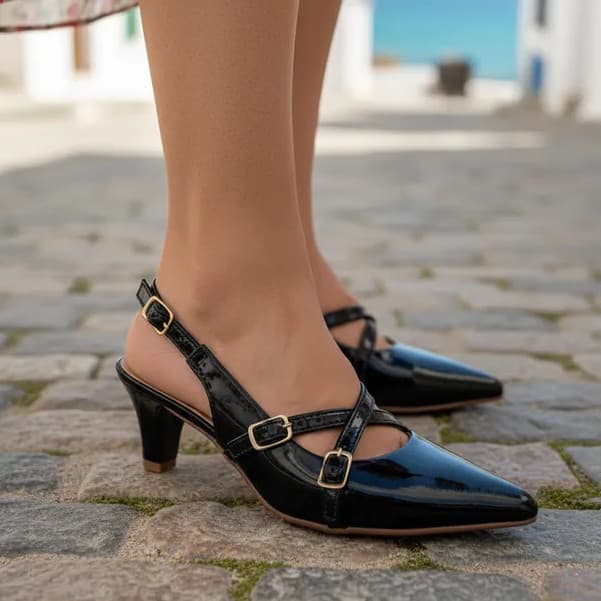 Sapato Feminino Scarpin Social Slingback Bico Fino Salto Fino Baixo Fivelas Leve Confortável