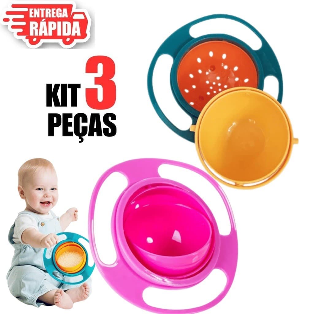 Kit 3/2/1 Unidades Prato Mágico Infantil Giratório Bowl 360° Copo Alça Infantil Antivazamento