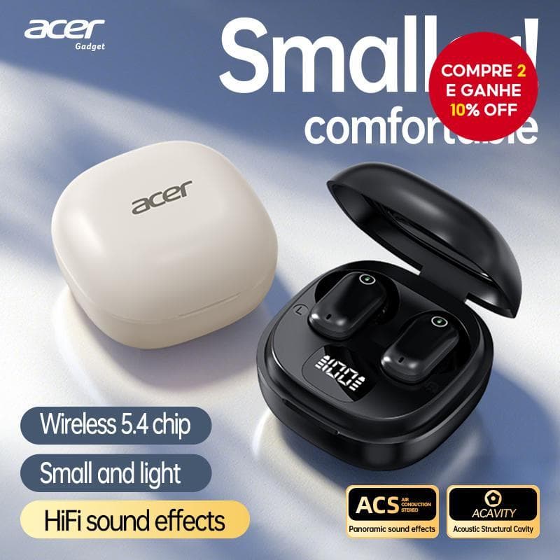 Fones De Ouvido Acer OHR501 Intra-Auriculares Sem Fio HIFI Com Qualidade De Som Bateria De Longa Duração De Ajuste Confo