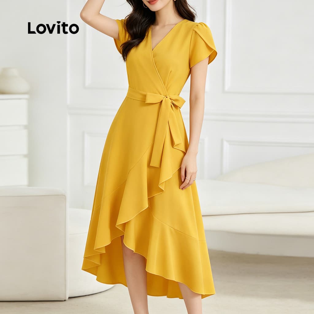 Lovito Casual Vestido com babados primavera/verão vestido amarelo para mulheres LK3LD239