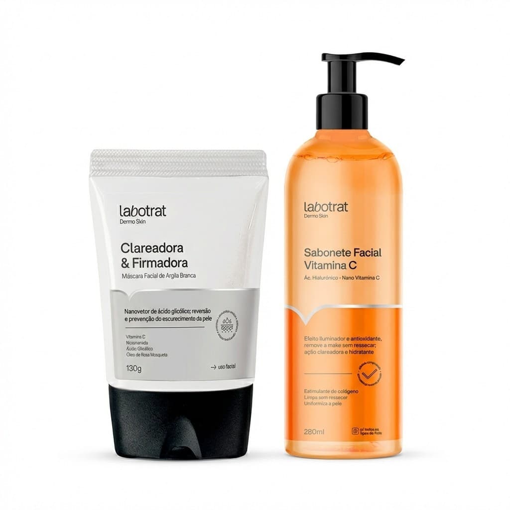 Kit Clareador Facial Máscara Firmadora 130g e Sabonete Vitamina C 280ml Reduz Manchas e Rosácea Ácido Hialurônico