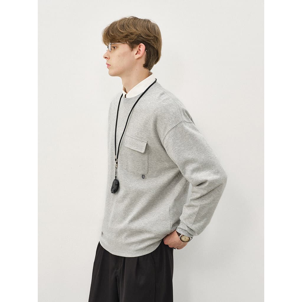 714street ombro caído solto manga comprida topo 2025 outono novo estilo japonês Casual cinza bolso camiseta masculina