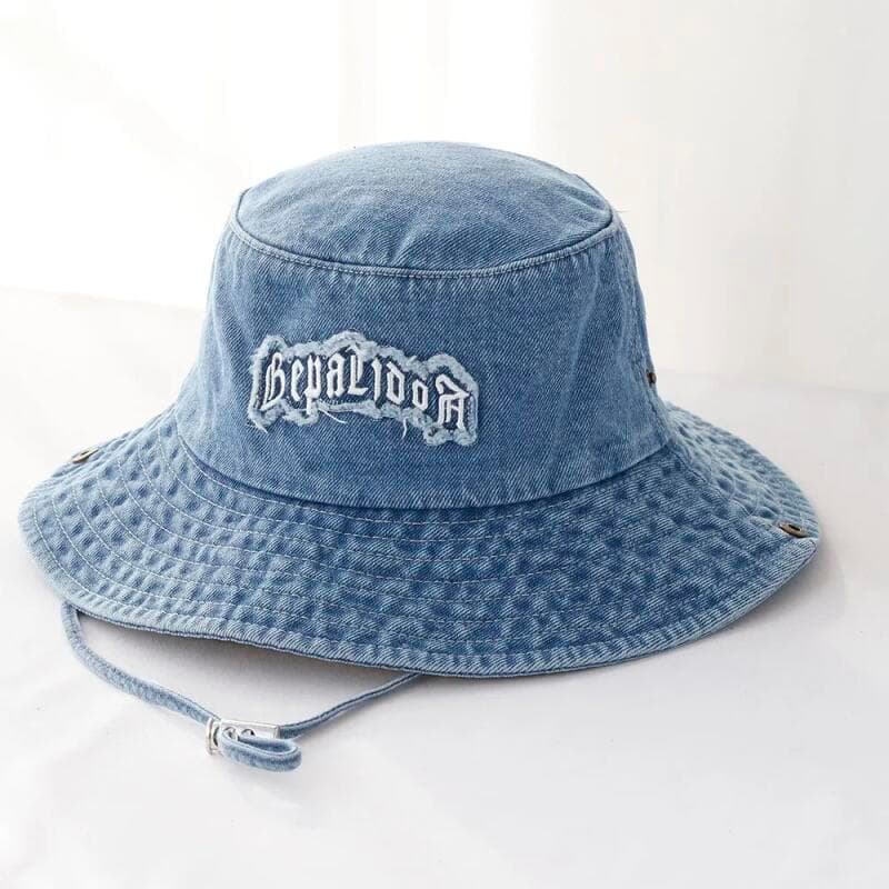 Chapéus de balde unissex em jeans lavado, chapéu de sol Panamá para mulheres no verão com cordão à prova de vento, chapé
