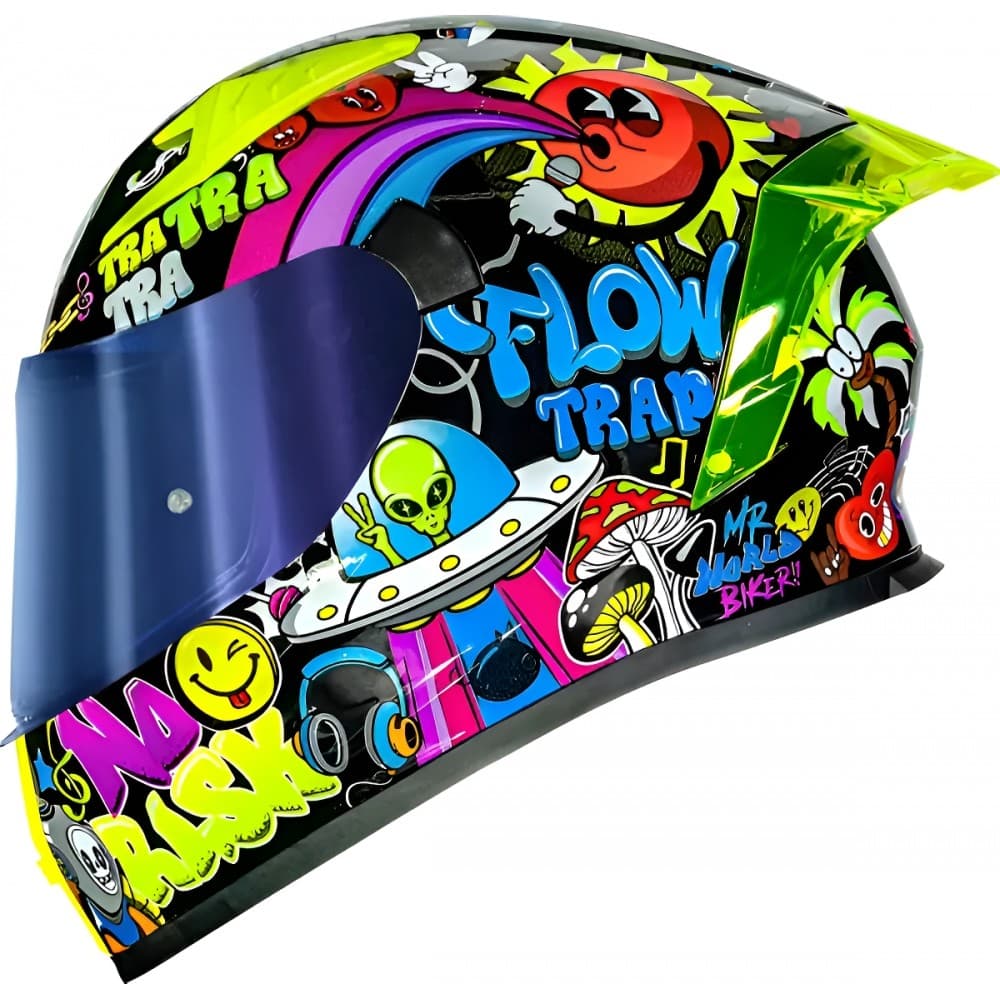 Capacete Moto Norisk Flow Trap Desenho Preto Amarelo Feminino Masculino C/ Spoiler + Viseira Extra