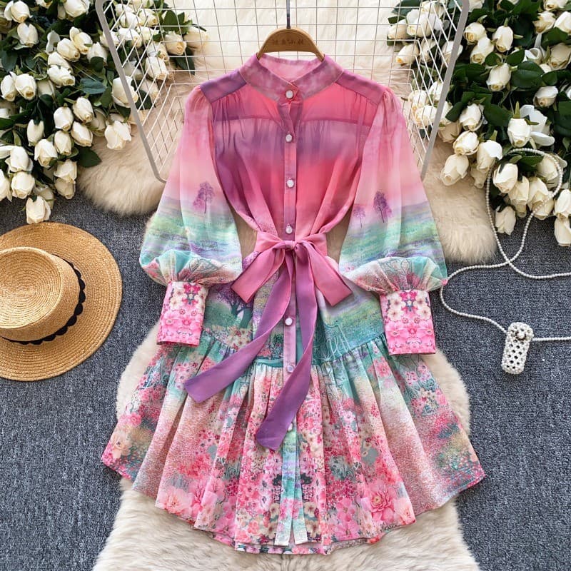 Primavera Outono Vintage Vestido Curto Feminino Elegante Gola Lanterna Manga Impressa Plissado Camisa Vestidos Senhoras