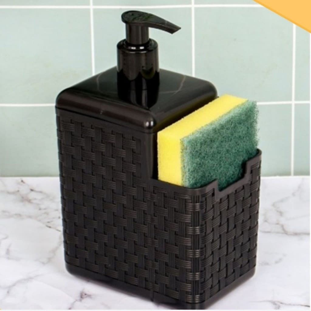 Porta Detergente Com Bico Com Porta Esponja Sabão Rattan Cozinha Preto Com Base Fácil Higienização