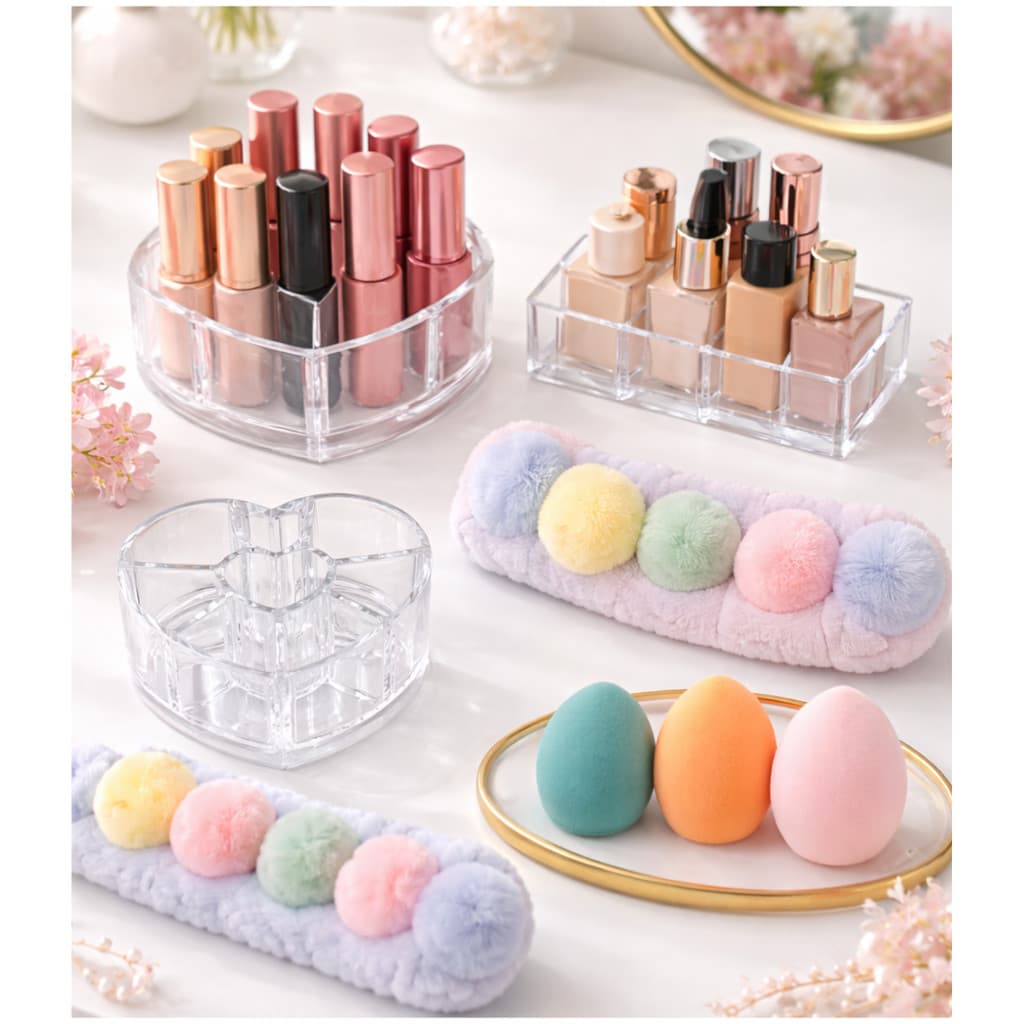 Kit Porta Maquiagem de Coração Acrílico Batom Gloss Pincel  e Faixa de Cabelo  Skincare Feminino