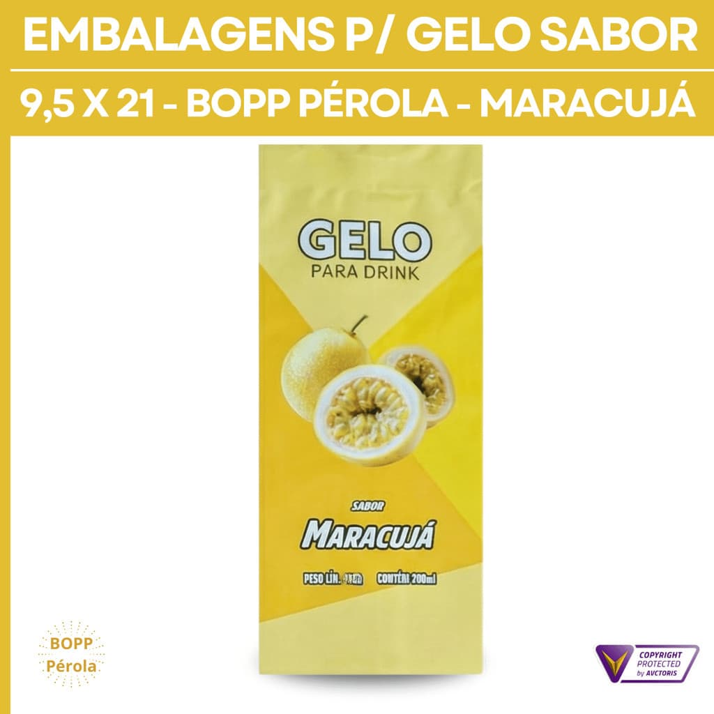 Embalagem P/ Gelo Saborizado 9,5x21 - BOPP Pérola (Alta Qualidade) - MODELO SABOR MARACUJÁ
