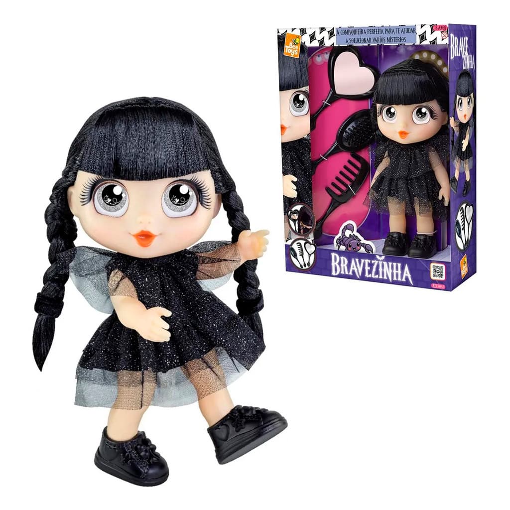 Boneca Tipo Wandinha Bravezinha  30cm Vinil com Pente Escova e Espelho Bee Toys