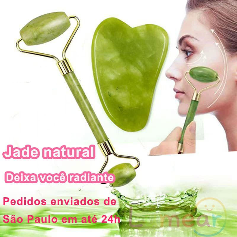 Rolo Massageador Pedra de Jade Placa Gua Sha Massagem Facial Anti Ruga