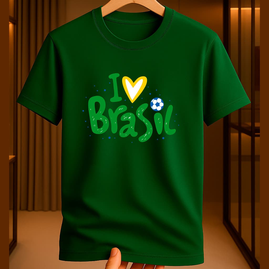Camiseta 100% Algodão Infantil Tema Futebol LOVE Brasil Copa Hexacampeão Macia Gola Redonda Premium 2026