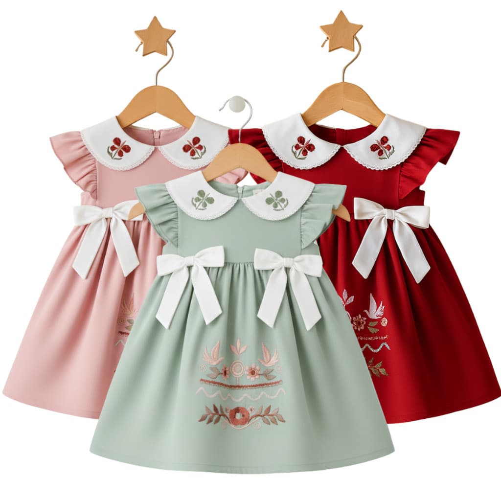 Vestido para menina infantil linho com laços lateral para meninas vestido para bebe bordado natal