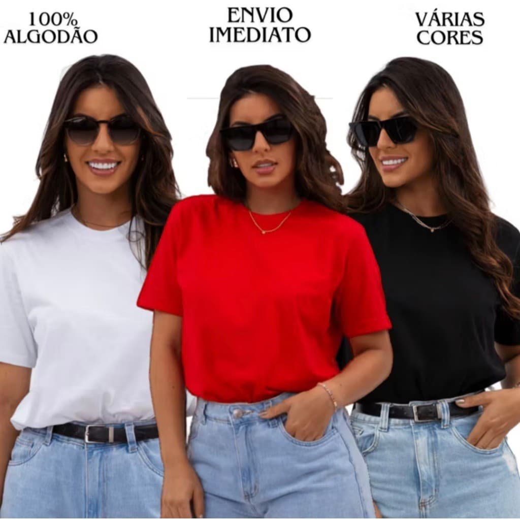 Kit 3 Camiseta Básica Feminina T-Shirt 100% Algodão Blusinha Promoção