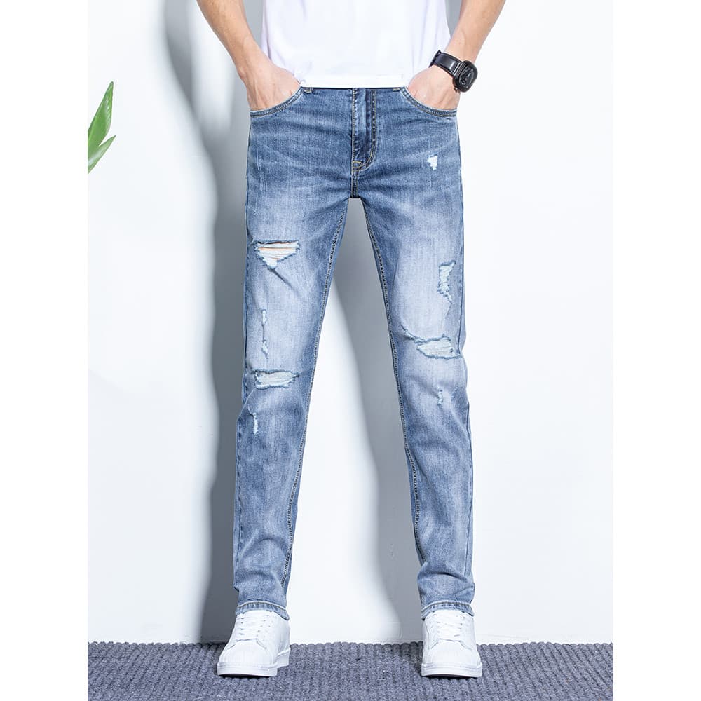 Calças de brim de cor clara homens verão fino novo estilo rasgado Street Wear calças casuais High-End solto em linha ret