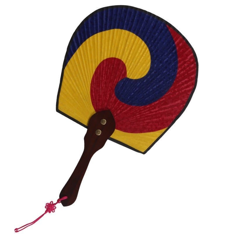 Leque artesanal de Tai Chi em tecido de seda coreana criativa, com padrão tricolor e cabo de madeira, presente artesanal